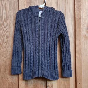 Lands' End Boys Full Zip Up Cable Knit Hooded Cardigan Sweater, Small- 4, Gray
